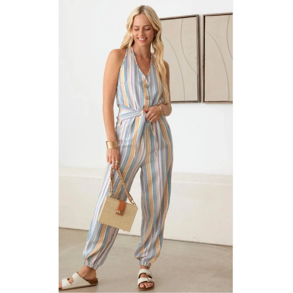 Halter stripe rayon/linen jumpsuit - Picture 1 of 7
